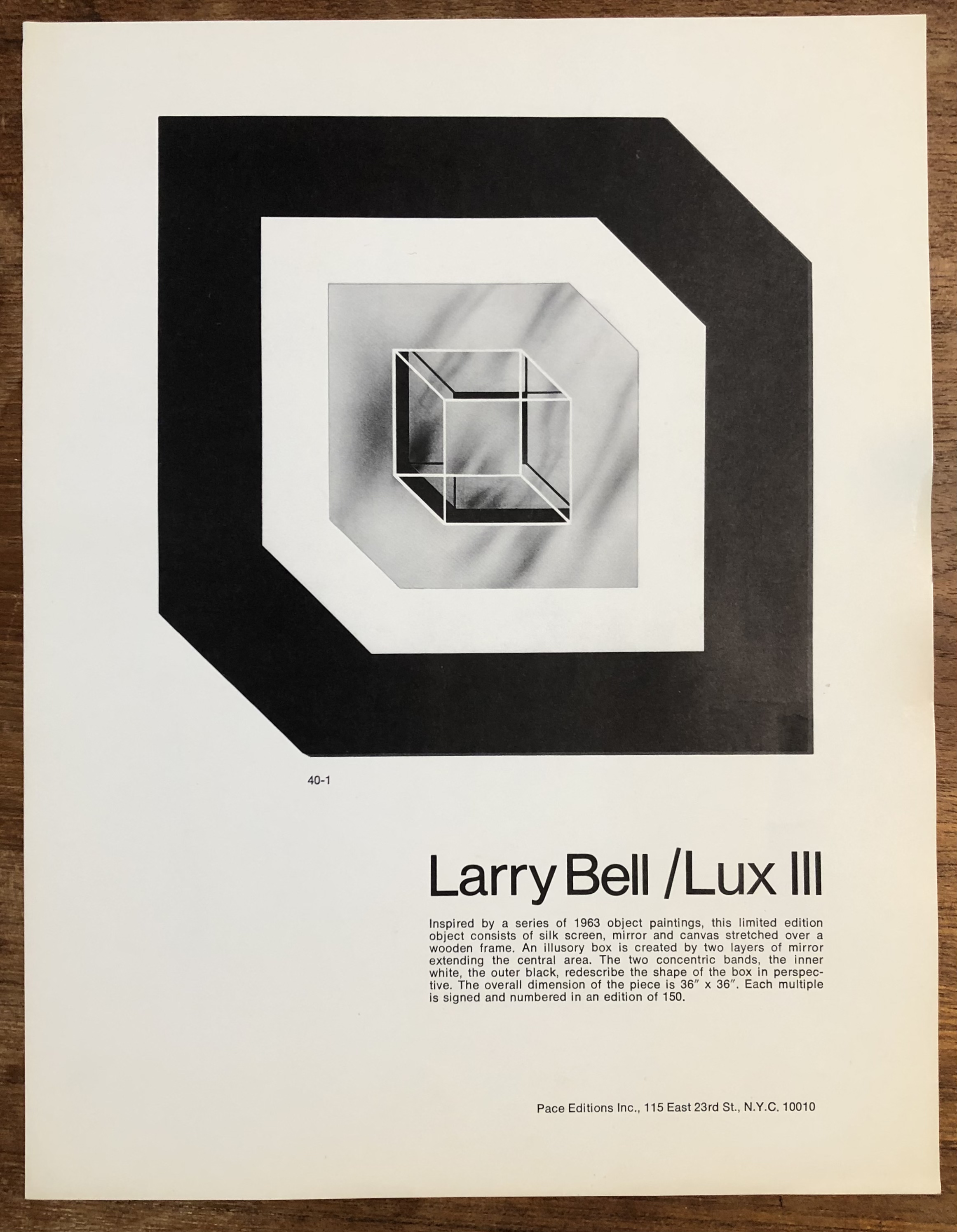 Larry Bell. Lux III. Pace Editions, New York, [1971]