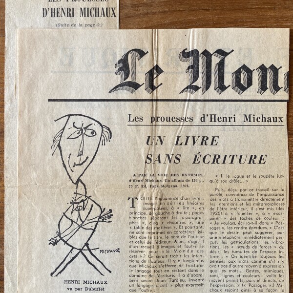 Henri Michaux). Jean Onimus. livre sans écriture. Le Monde, août 1974. Clipping - J.N. Herlin, Inc.